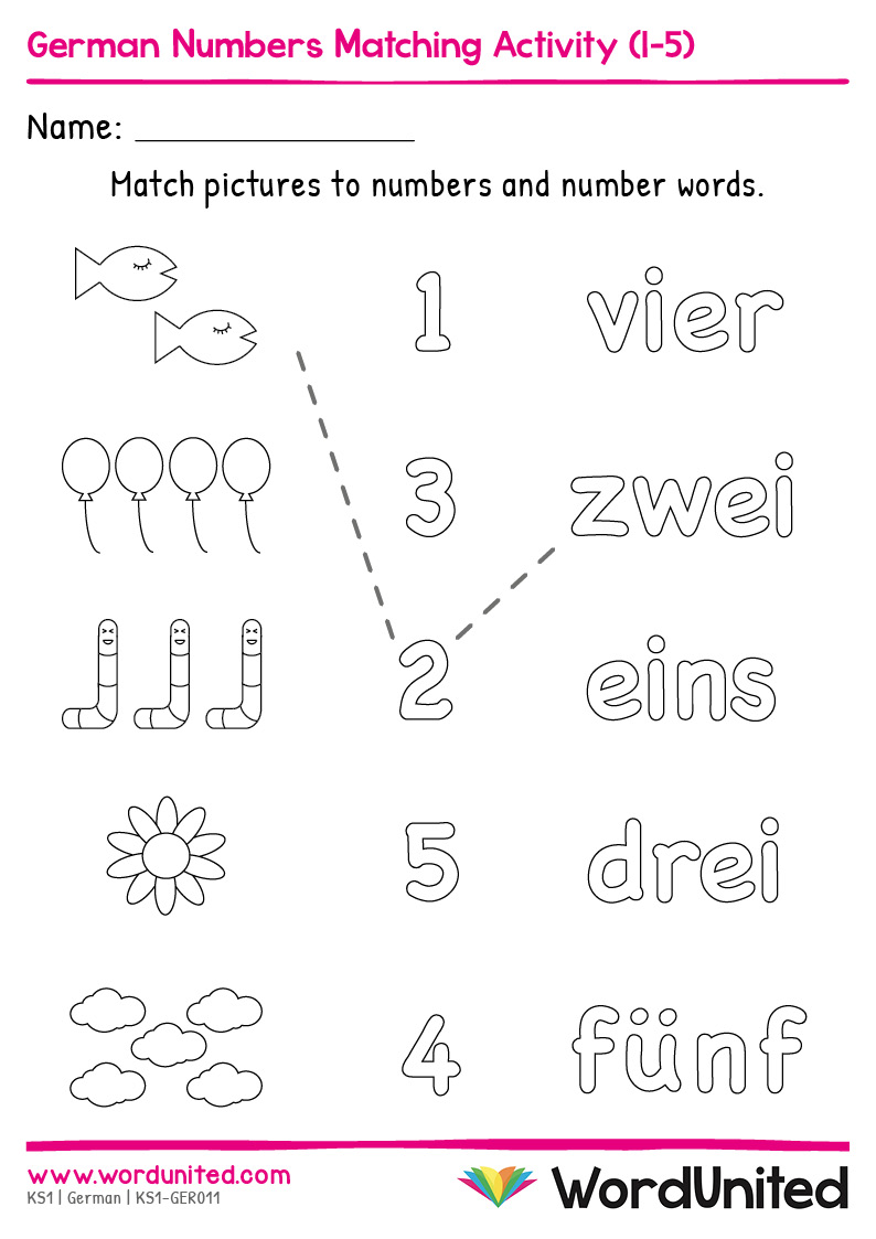 German Numbers Matching Activity 1 5 WordUnited