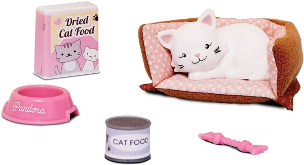 Lottie doll Pandora the Persian cat, cat bed, cat food, dried food, milk bowl & toy