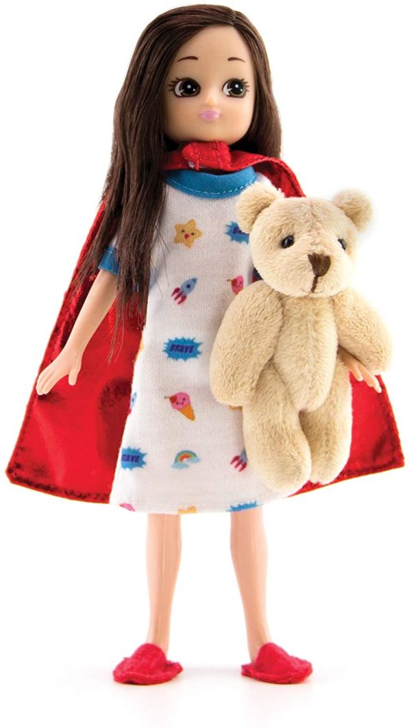 Lottie hospital doll with superhero cape and teddy bear