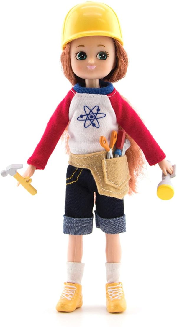 Lottie Young Inventor STEM doll with hardhat, hammer and toolbelt