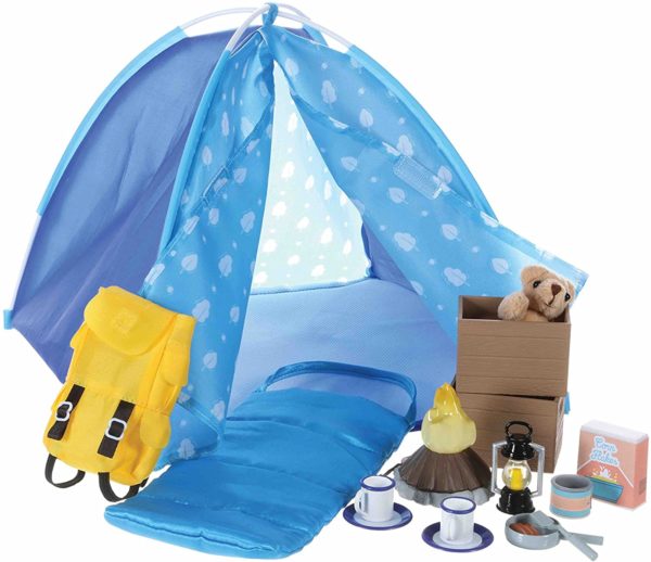 Lottie doll tent, backpack, crockery, sleeping bag and teddy bear